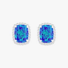 Sterling Silver Rectangular Synthetic Blue Opal & Brilliant Cut Cubic Zirconia Halo Stud Earrings 8.58.0017