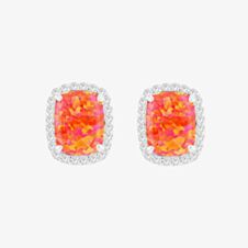 Sterling Silver Rectangular Synthetic Orange Opal & Brilliant Cut Cubic Zirconia Halo Stud Earrings 8.58.0018