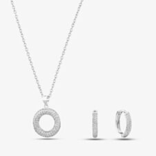 Silver & Cubic Zirconia Pave Open Circle Necklace & Hoop Earring Set SET172410