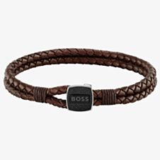 BOSS Seal Brown Leather Braided Bracelet 1580048M