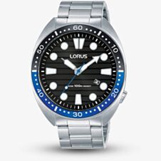 Lorus Mens Sports Black Dial Stainless Steel Bracelet Watch RH921LX9