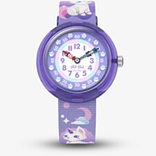 Flik Flak Girls Cosmicat Purple Fabric Strap Watch FBNP233