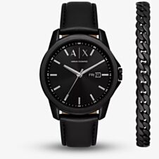 Armani Exchange Mens Banks Black Leather Strap Watch & Chain Bracelet Set AX7147SET