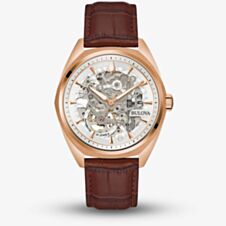 Bulova Classic Rose Gold Tone Skeleton Brown Leather Strap Watch 97A175
