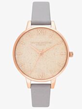 Olivia Burton Glitter Dial Pale Rose Gold and Grey Lilac Leather Strap Watch OB16GD45