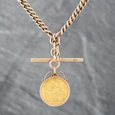 Pre-Owned Vintage 9ct Rose Gold With 1912 Full Sovereign Coin Fitted To A Graduated 14 Inch T-Bar Curb Chain 41041353