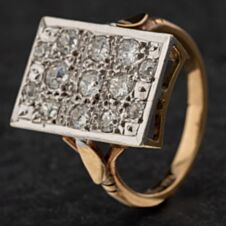 Pre-Owned Vintage 9ct Two Colour Gold 1.00ct Old Cut Diamond Oblong Cluster Ring 4112118