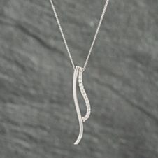 Pre-Owned 9ct White Gold Diamond Two Strand Wave Drop Pendant & 16 Inch Curb Chain 41142450