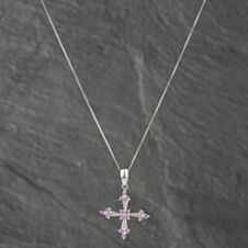Pre-Owned 9ct White Gold Pink Sapphire & White Sapphire Cross Pendant & 18 Inch Curb Chain 41142556