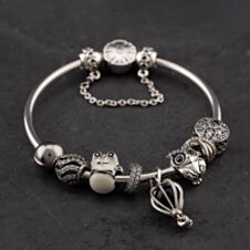 Pre-Owned Pandora Silver Multi Stone 9 Assorted Bead 19cm Plain Bangle 41251293