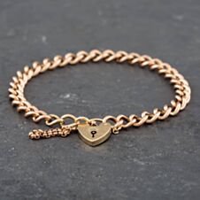 Pre-Owned 9ct Rose Gold Heart Padlock & Attached Safety Chain 8 Inch Curb Chain Bracelet 41281222