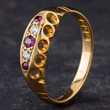 Pre-Owned Vintage 18ct Yellow Gold Ruby & Diamond Hallmarked London 1982 Five Stone Dress Ring 4138837