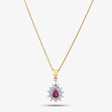 Pre-Owned 18ct Yellow Gold Ruby & Diamond Cluster Pendant & 18 Inch Trace Chain 4139945