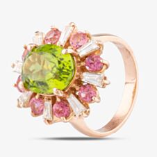 Pre-Owned 14ct Rose Gold 5.41ct Peridot, 0.83ct Diamond & 1.33ct Pink Tourmaline Oval Cluster Ring 4312214