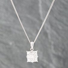 Pre-Owned Platinum 1.00ct Princess Cut Diamond Square Nine Stone Cluster Pendant & 16 Inch Curb Chain 43141194