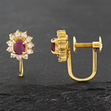 Pre-Owned 18ct Yellow Gold Certificated 0.43ct Ruby & 0.28ct Brilliant Cut Diamond Oval Cluster Screw Fitting 8mm Stud Earrings 43171187