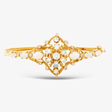 Pre-Owned 9ct Yellow Gold Opal & Brilliant Cut Diamond Ornate Cluster 20cm Hinged Bangle 43211003