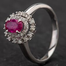 Pre-Owned 14ct White Gold 0.68ct Ruby & Two Tier 0.25ct Diamond Cluster Ring 4335109