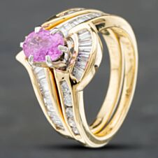 Pre-Owned 14ct Yellow Gold Oval Cut Pink Sapphire & 0.33ct Diamond Bridal Set Ring 43361033
