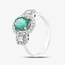 Pre-Owned 18ct White Gold Oval Cut Emerald & Diamond Cluster Ring 43371037