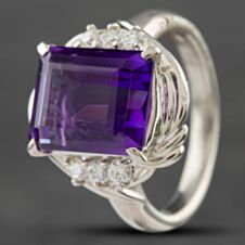 Pre-Owned Platinum Emerald Cut Amethyst & 0.20ct Brilliant Cut Diamond Oblong Dress Ring 43421002