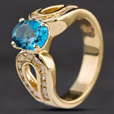 Pre-Owned 14ct Yellow Gold Oval Blue Topaz & Diamond Open Two Row Shoulder Set Solitaire Ring 4345024