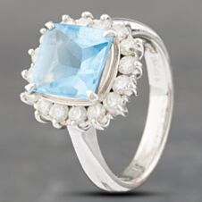 Pre-Owned Platinum 0.68ct Blue Topaz & Brilliant Cut Diamond Cushion Shape Cluster Ring 43451012