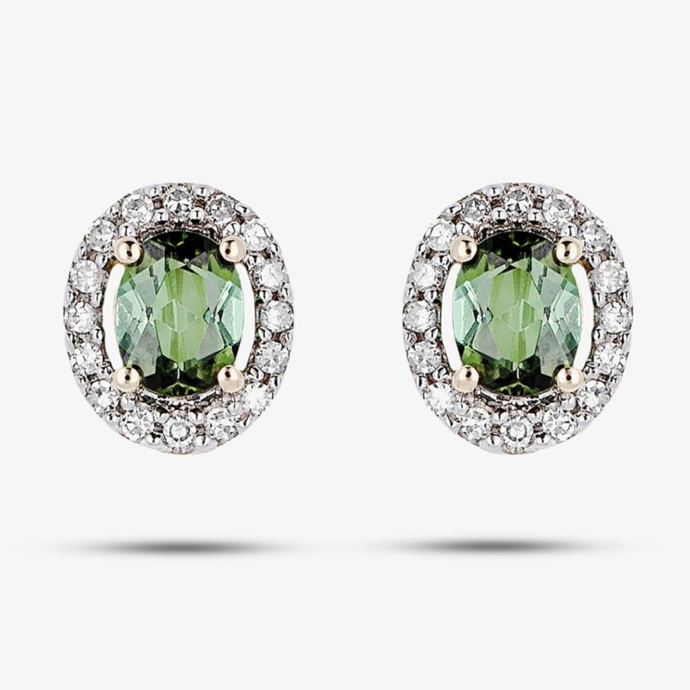 9ct Yellow Gold Green Tourmaline Diamond Cluster Stud Earrings