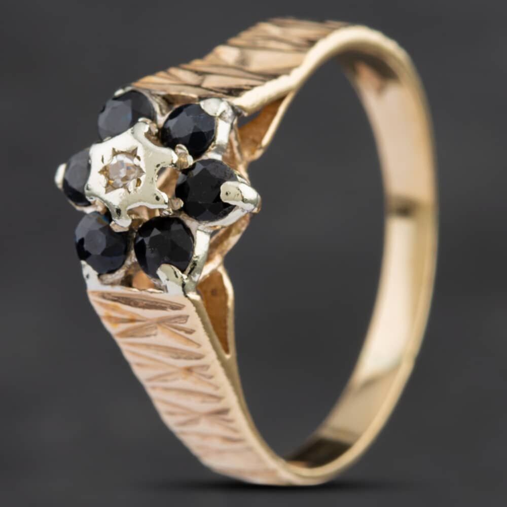 Pre-Owned Vintage 9ct Yellow Gold Sapphire Diamond Flower Cluster Ring  4158896