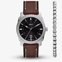 Fossil Mens Machine Brown Leather Strap & Stainless Steel Bracelet Set FS6081SET