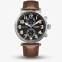 Rotary Mens Apex 100 Pilot Silver Chronograph Brown Leather Strap Watch RGS10000/04