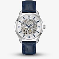 Bulova Mens Sutton Automatic Blue Skeleton Dial Leather Strap Watch 96A330
