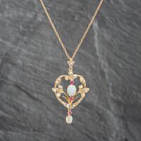 Pre-Owned Vintage Yellow Gold Seed Pearl Ruby And Opal Ornate Fleur Di Lis Pendant & 16 Inch Trace Chain 41142225
