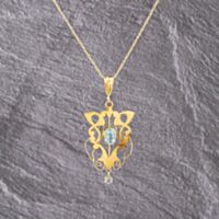 Pre-Owned Vintage Yellow Gold Aquamarine Decorative Openwork Dropper Pendant & 20 Inch Prince Of Wales Chain 41142951