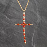 Pre-Owned Vintage 9ct Yellow Gold Coral Bead Set Cross Pendant & 18 Inch Rope Chain 41143659