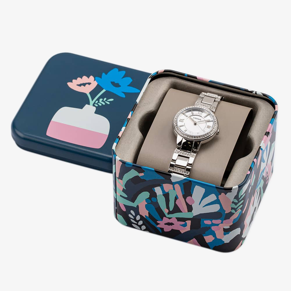 Fossil Ladies Carlie Rose Gold Plated Mother Of Pearl Dial Navy Blue Leather Strap Watch ES4502