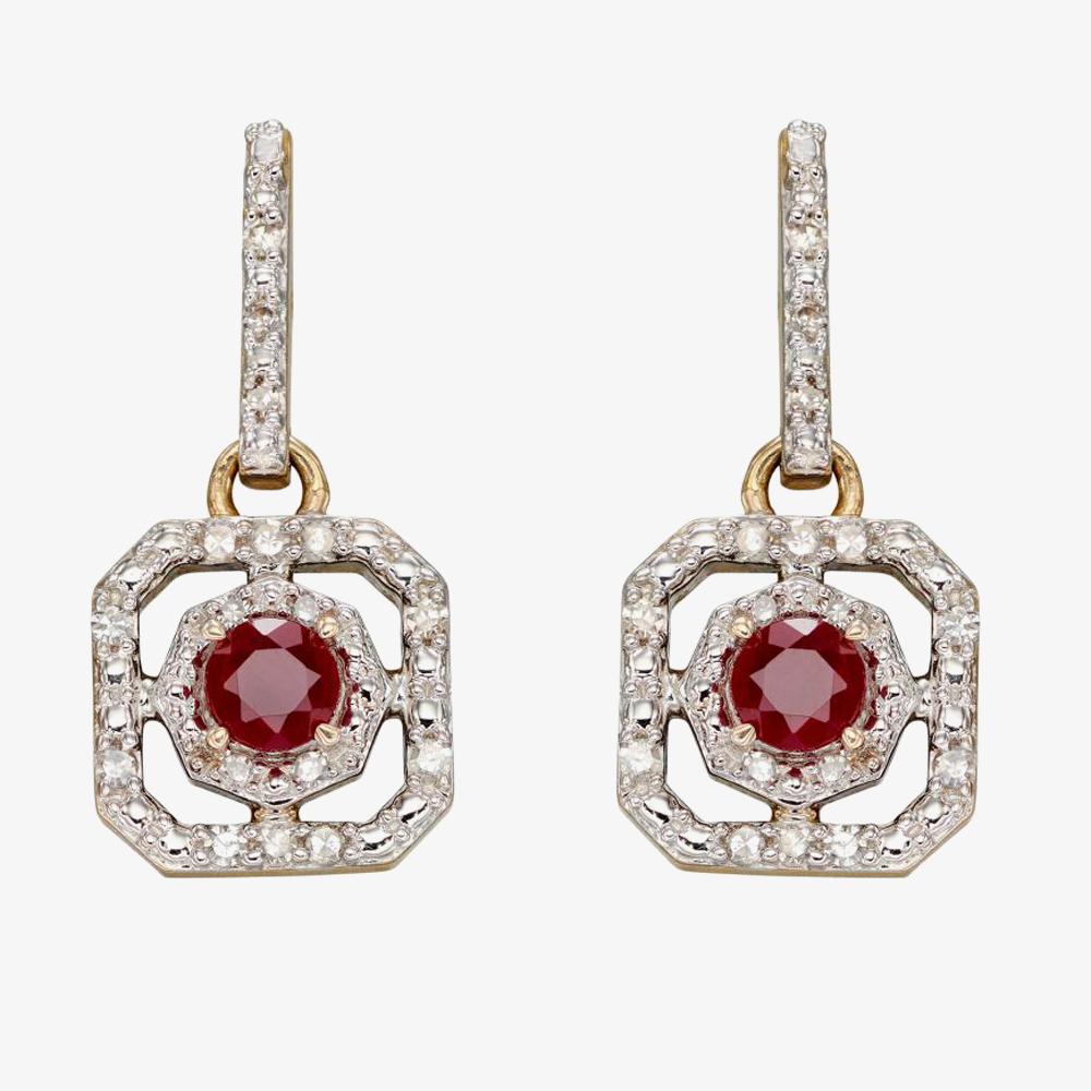 Product photograph of 9ct Yellow Gold Ruby Amp Diamond Open Square Dropper Earrings Ge2359r from The Jewel Hut