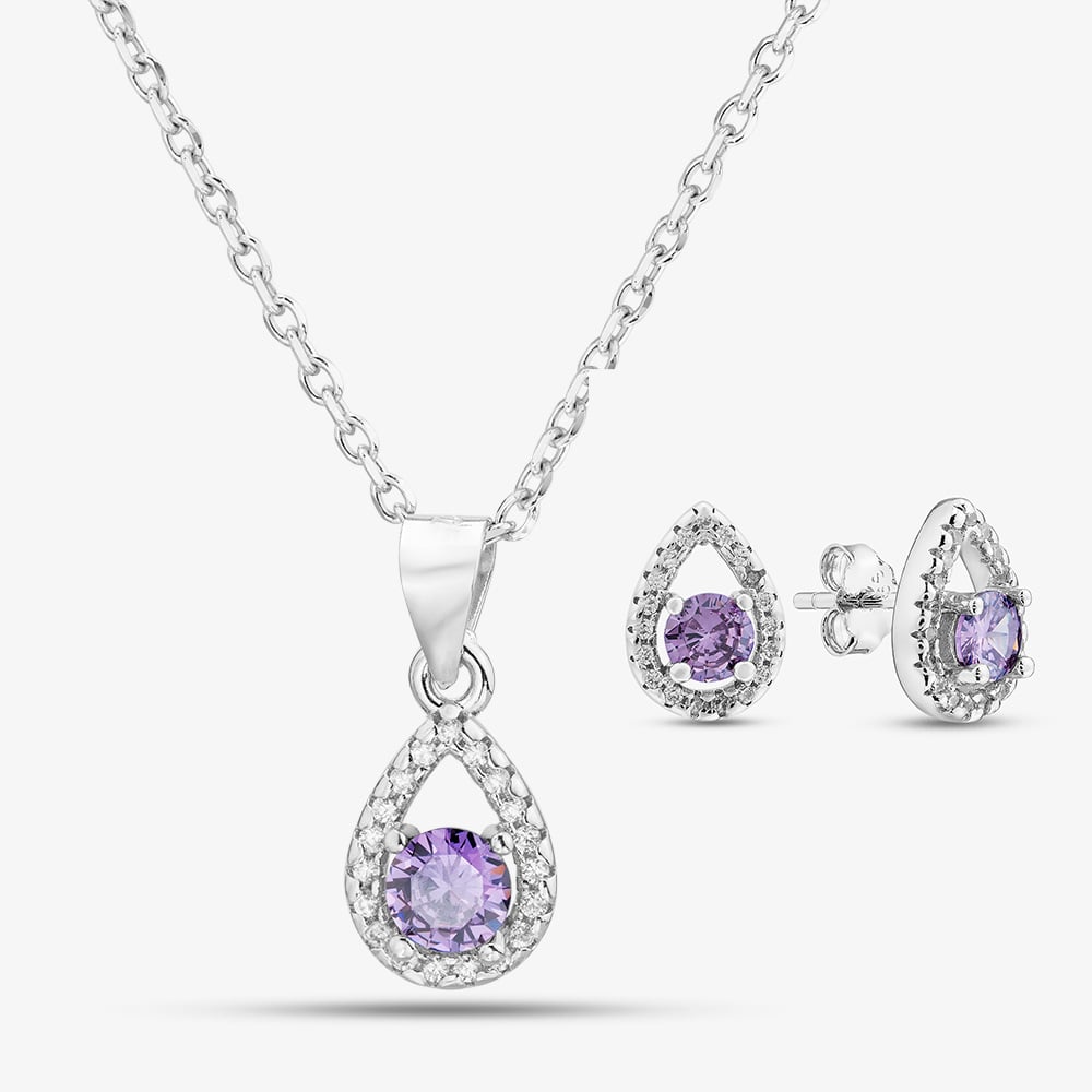 Silver Purple Cubic Zirconia Teardrop Jewellery Set E612282P PURP &amp; E612282 PURP