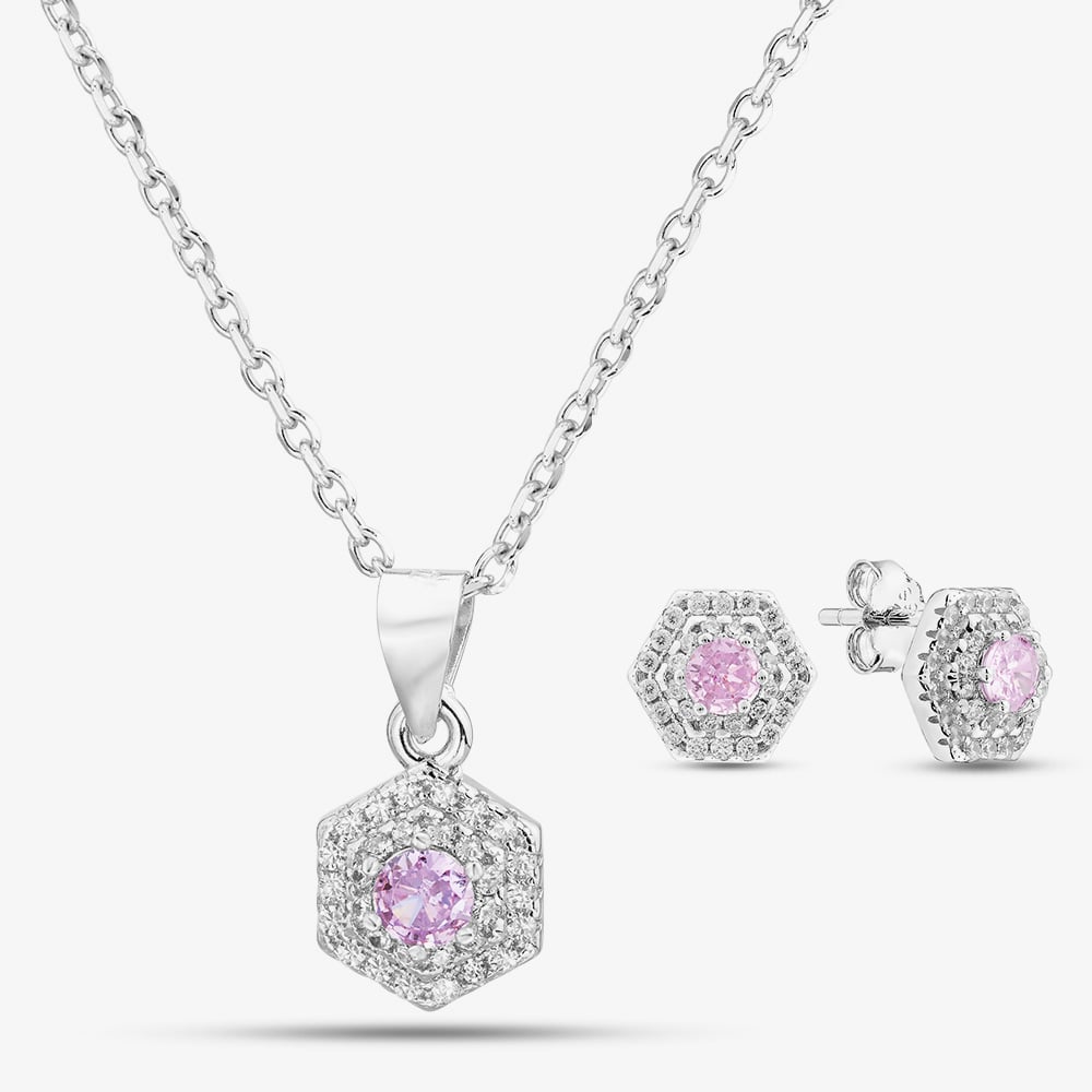 Silver Pink Cubic Zirconia Hexagon Jewellery Set E614585P PINK & E614585 PINK