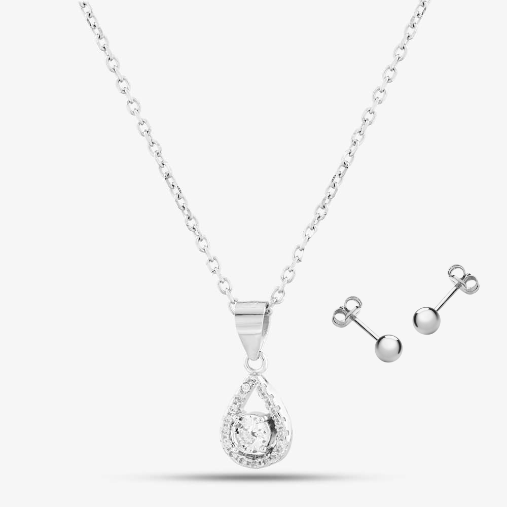 Silver Cubic Zirconia Teardrop Necklace &amp; Ball Earring Set E612282P &amp; 8.55.7899