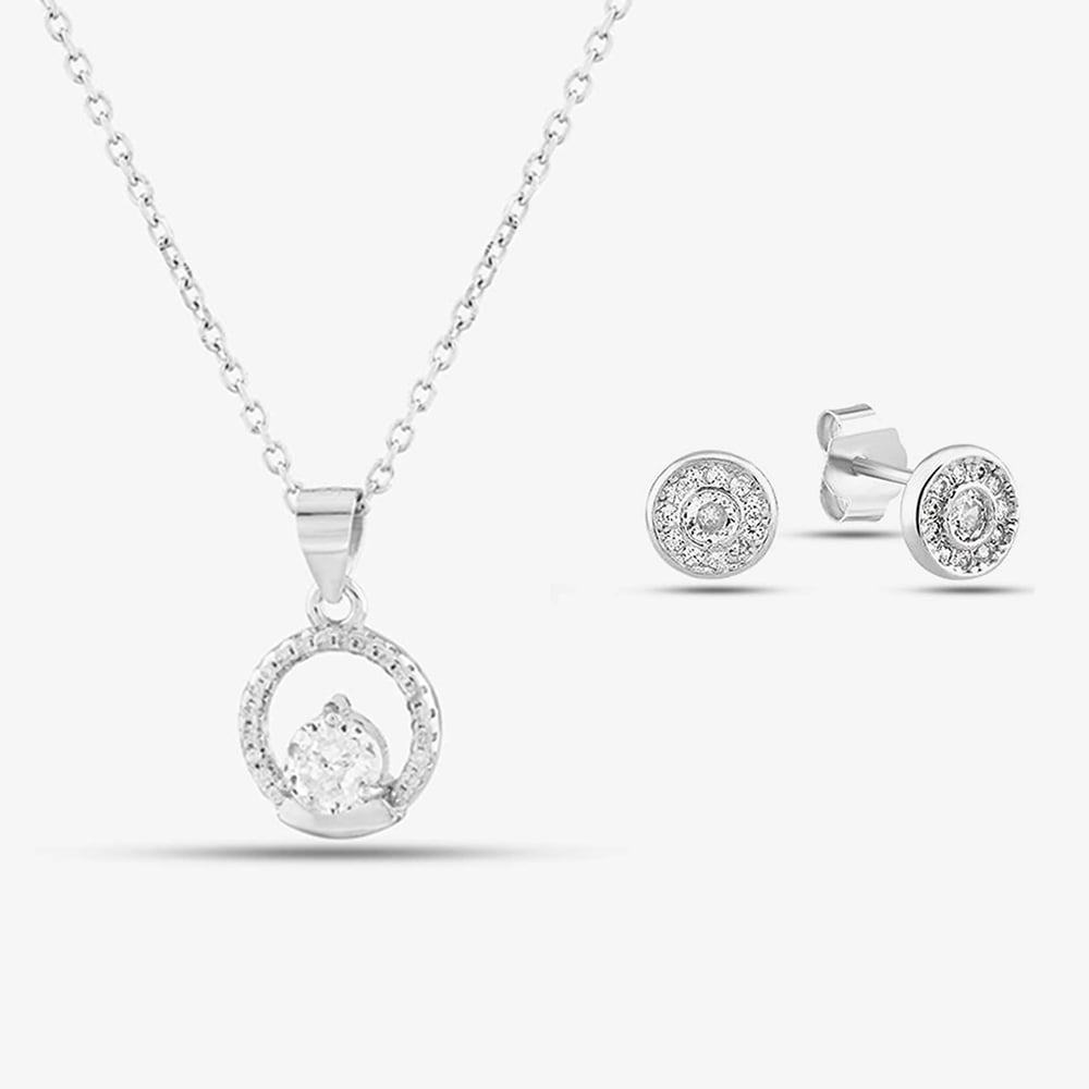 Silver Cubic Zirconia Circle Necklace &amp; White Crystal Cluster Stud Earrings Set E613264P &amp; E615610-EG