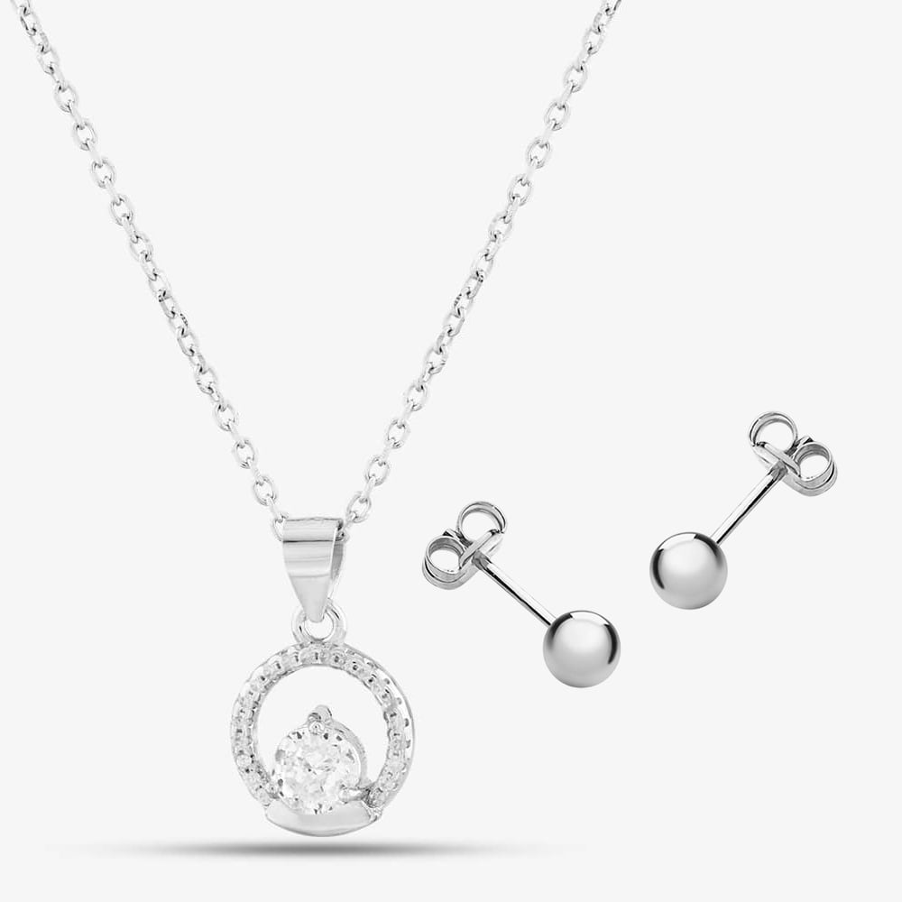 Silver Cubic Zirconia Circle Necklace &amp; Ball Earring Set E613264P &amp; 8.55.7899