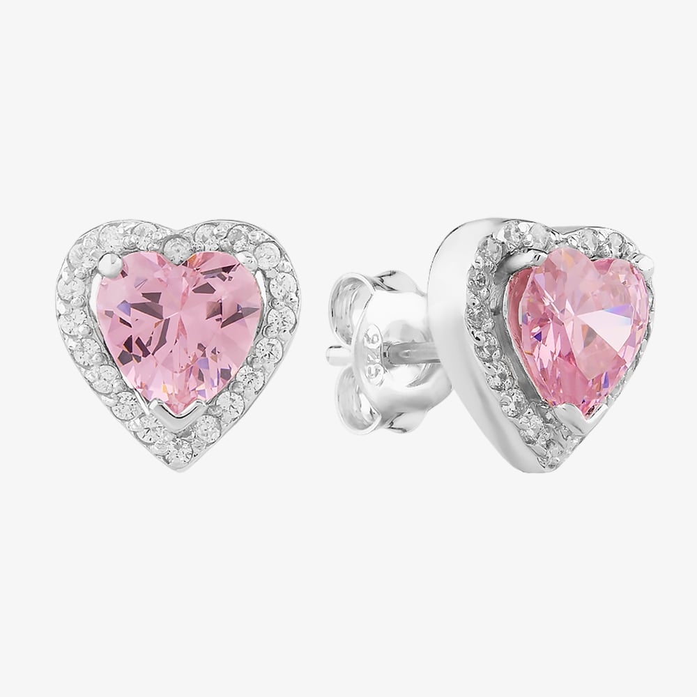 Starbright Sterling Silver Heart Shaped Cubic Zirconia Halo Stud Earrings THB-03E PK
