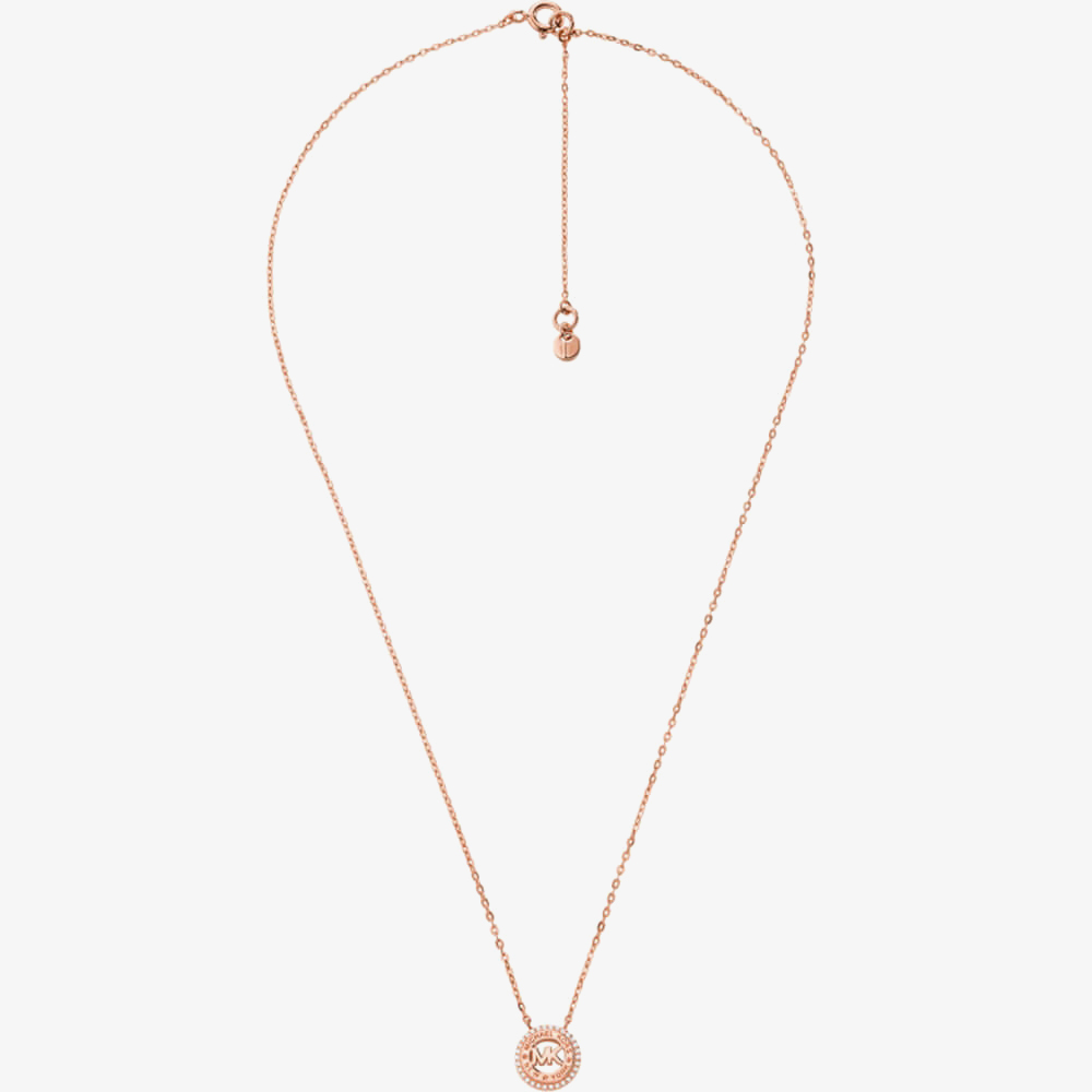 Michael Kors Ladies Premium Rose Gold Plated Cubic Zirconia Circle Logo Pendant Necklace MKC1388AN791