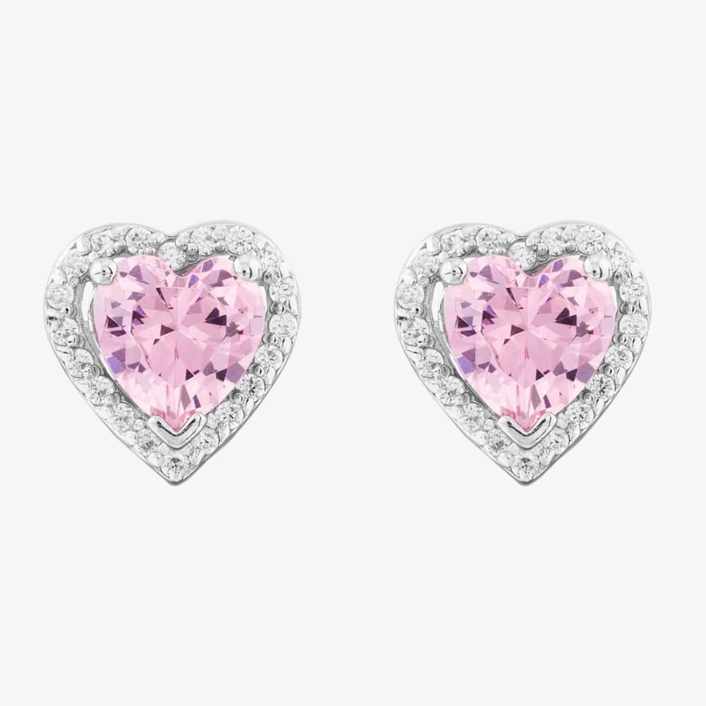 Silver Heart-cut Pink Cubic Zirconia Halo Stud Earrings THB-03E PINK