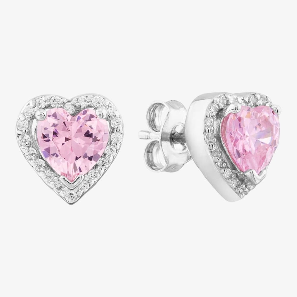 Click to view product details and reviews for Silver Heart Cut Pink Cubic Zirconia Halo Stud Earrings Thb 03e Pink.