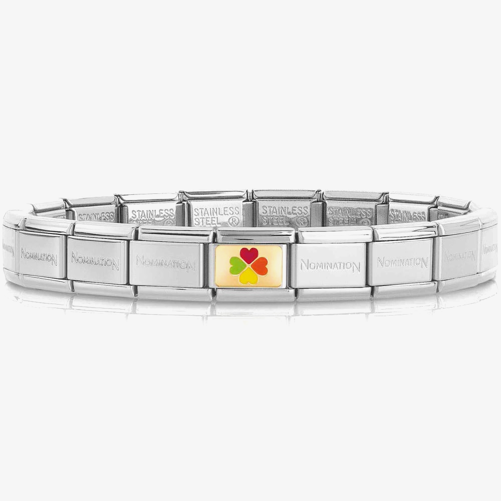 Product photograph of Nomination Classic Composable Gold Rainbow Clover Bracelet 030000 030263 21 from The Jewel Hut