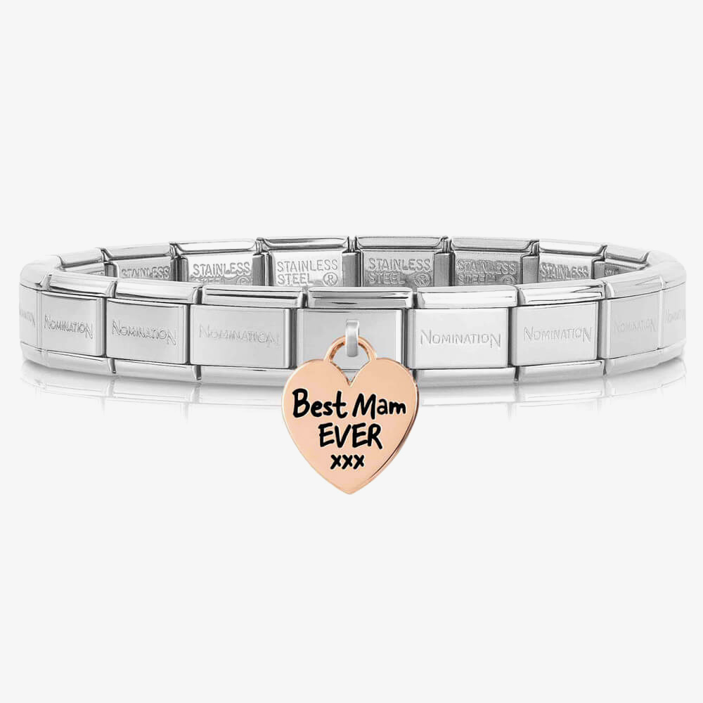 Product photograph of Nomination Classic Composable Limited Edition Rose Gold Heart Best Mam Ever Bracelet 030000 431802 03 from The Jewel Hut