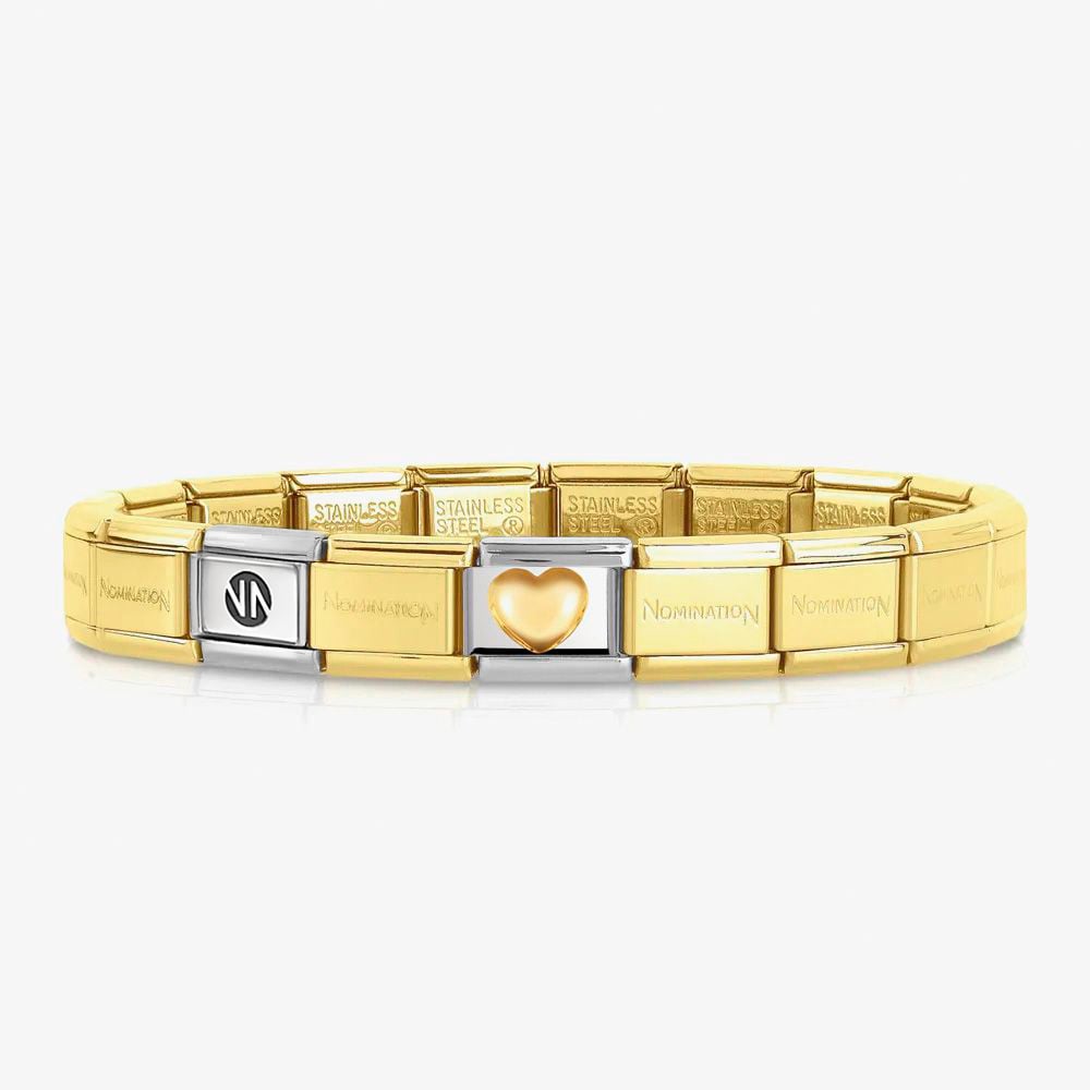 Nomination CLASSIC Gold Love Raised Heart Charm &amp; Link Bracelet 030116/01 &amp; 030001/SI/008