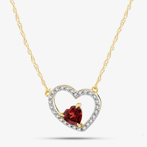 9ct Yellow Gold Double Open Heart Garnet & Diamond Pendant Necklace